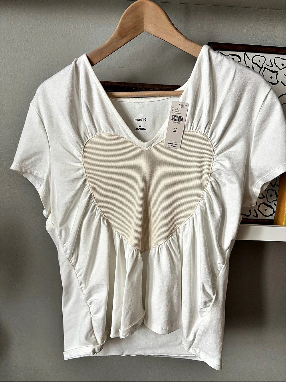 maeve Heart Embellished V-Neck Tee White Size XL NWT
